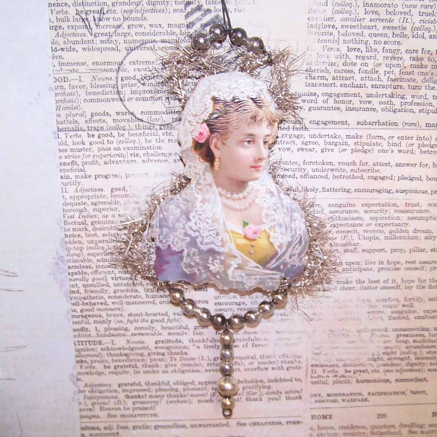 Victorian Revival Mercury Glass Bead & Tinsel Christmas Ornament - Lady in Lace Shawl
