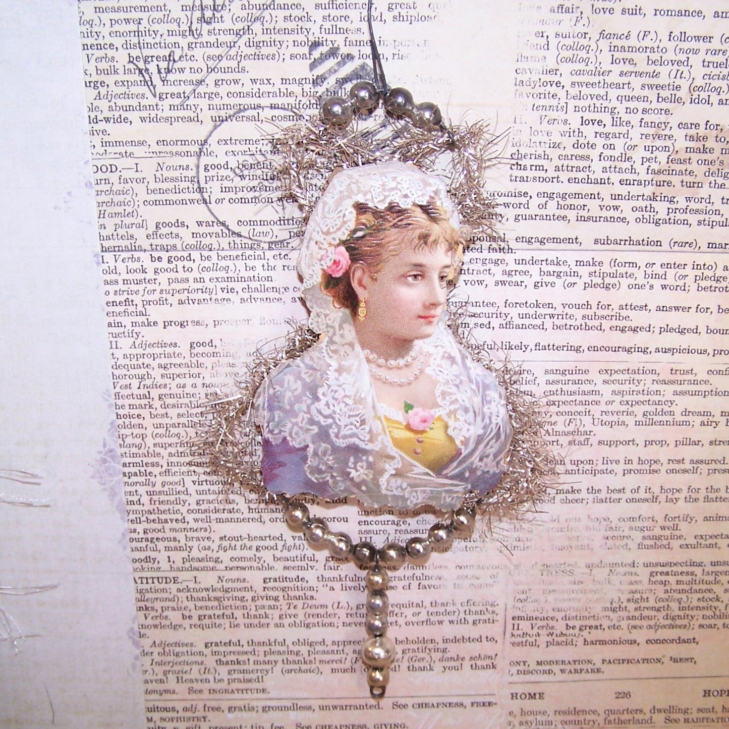 Victorian Revival Mercury Glass Bead & Tinsel Christmas Ornament - Lady in Lace Shawl