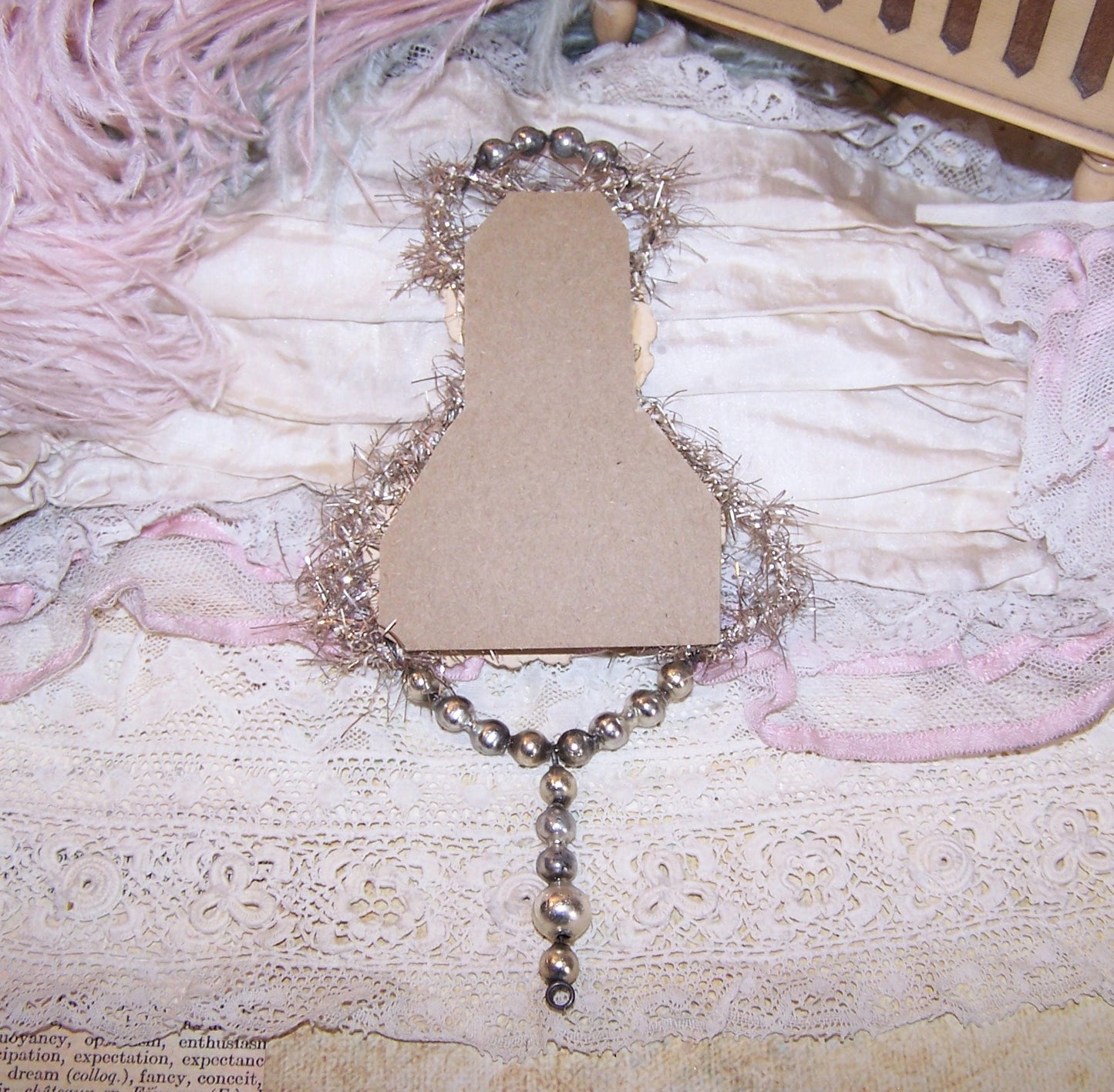 Victorian Revival Mercury Glass Bead & Tinsel Christmas Ornament - Lady in Lace Shawl