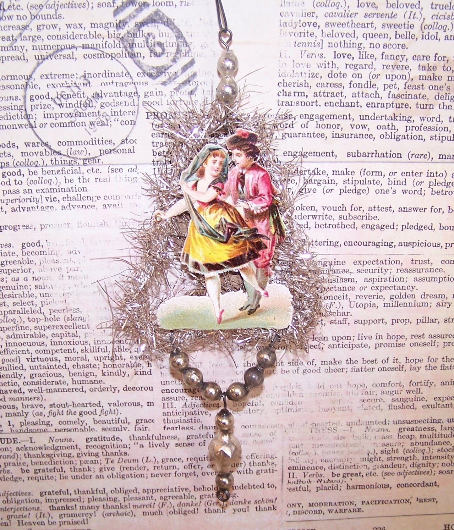 Victorian Revival Mercury Glass Bead & Tinsel Christmas Ornament - Dancing Couple