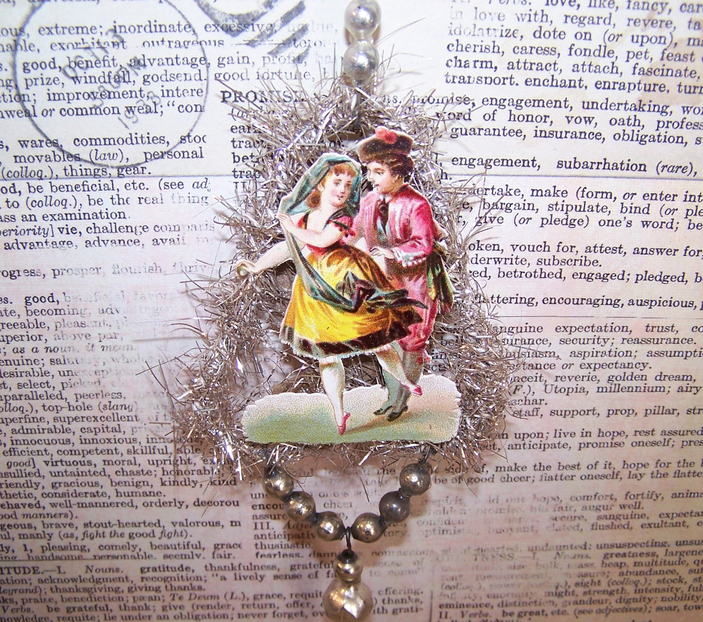 Victorian Revival Mercury Glass Bead & Tinsel Christmas Ornament - Dancing Couple