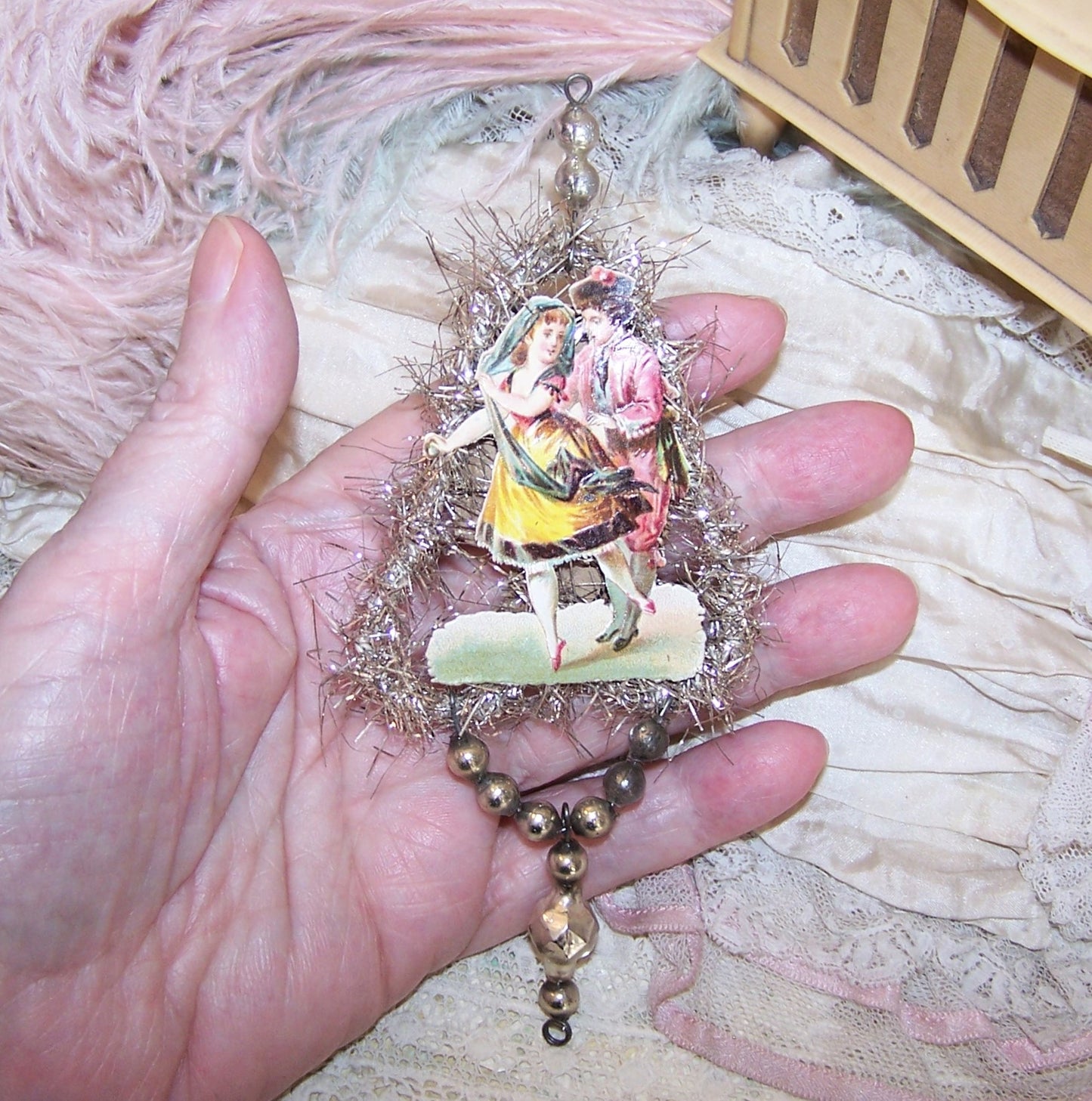 Victorian Revival Mercury Glass Bead & Tinsel Christmas Ornament - Dancing Couple