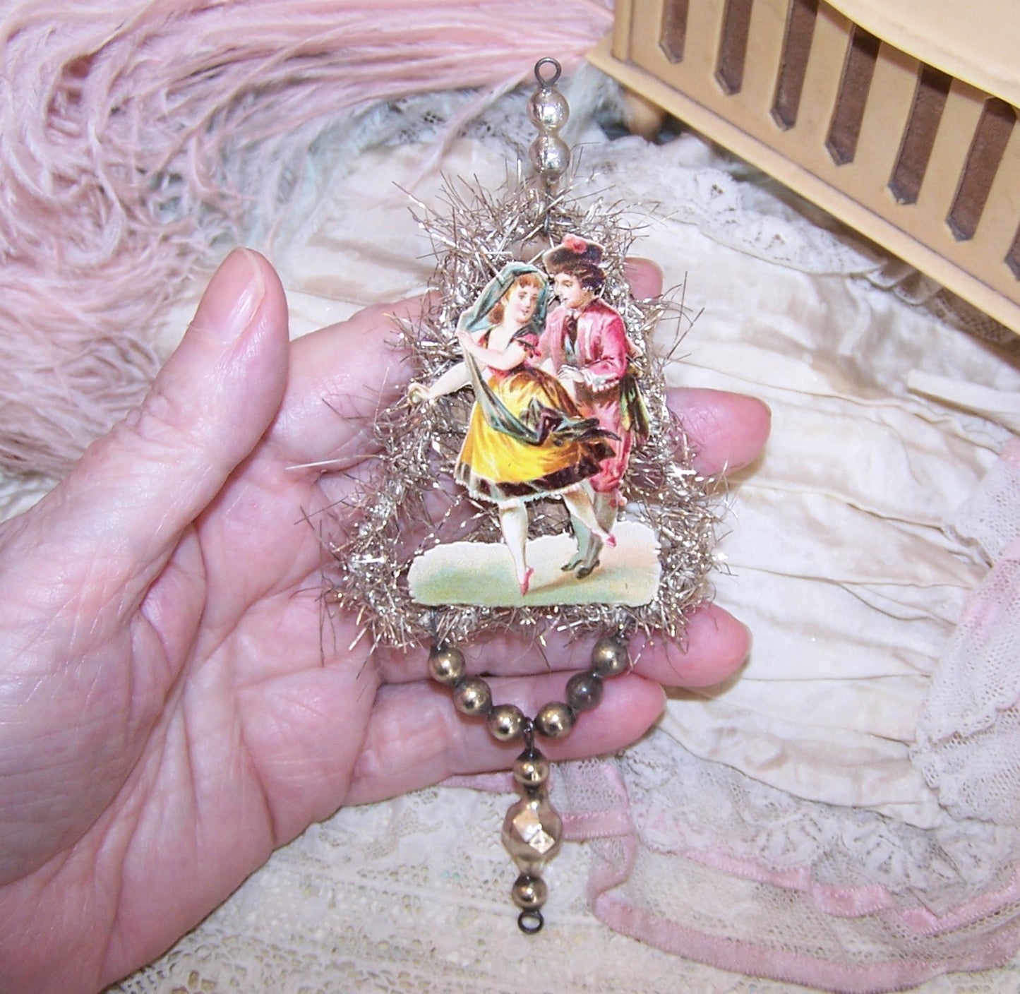 Victorian Revival Mercury Glass Bead & Tinsel Christmas Ornament - Dancing Couple
