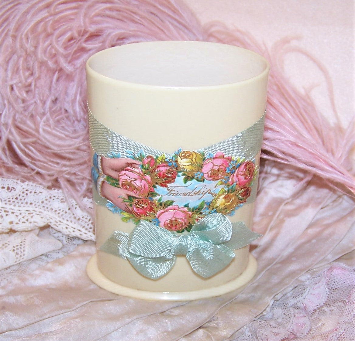 Repurposed Art Deco Celluloid Holder or Vase - Pink & Yellow Roses