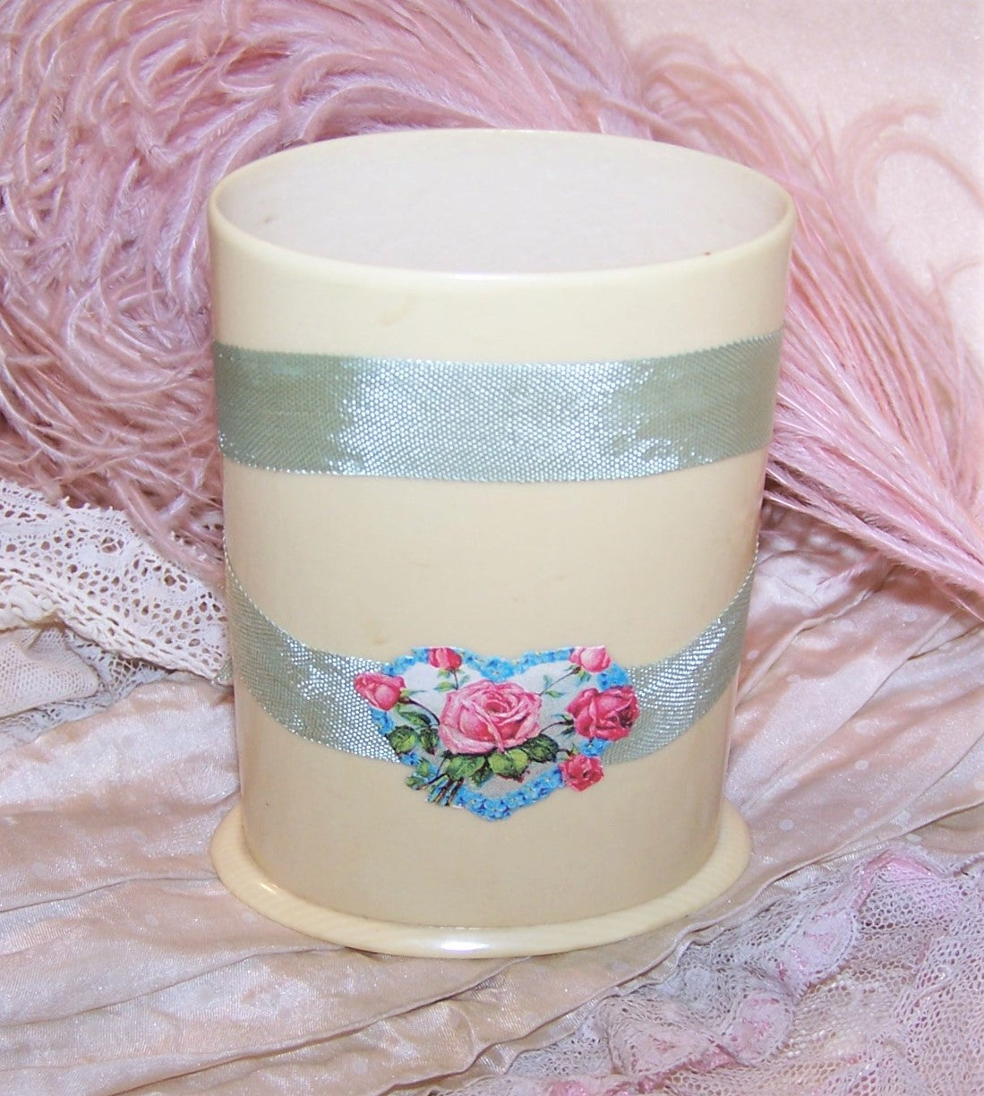 Repurposed Art Deco Celluloid Holder or Vase - Pink & Yellow Roses