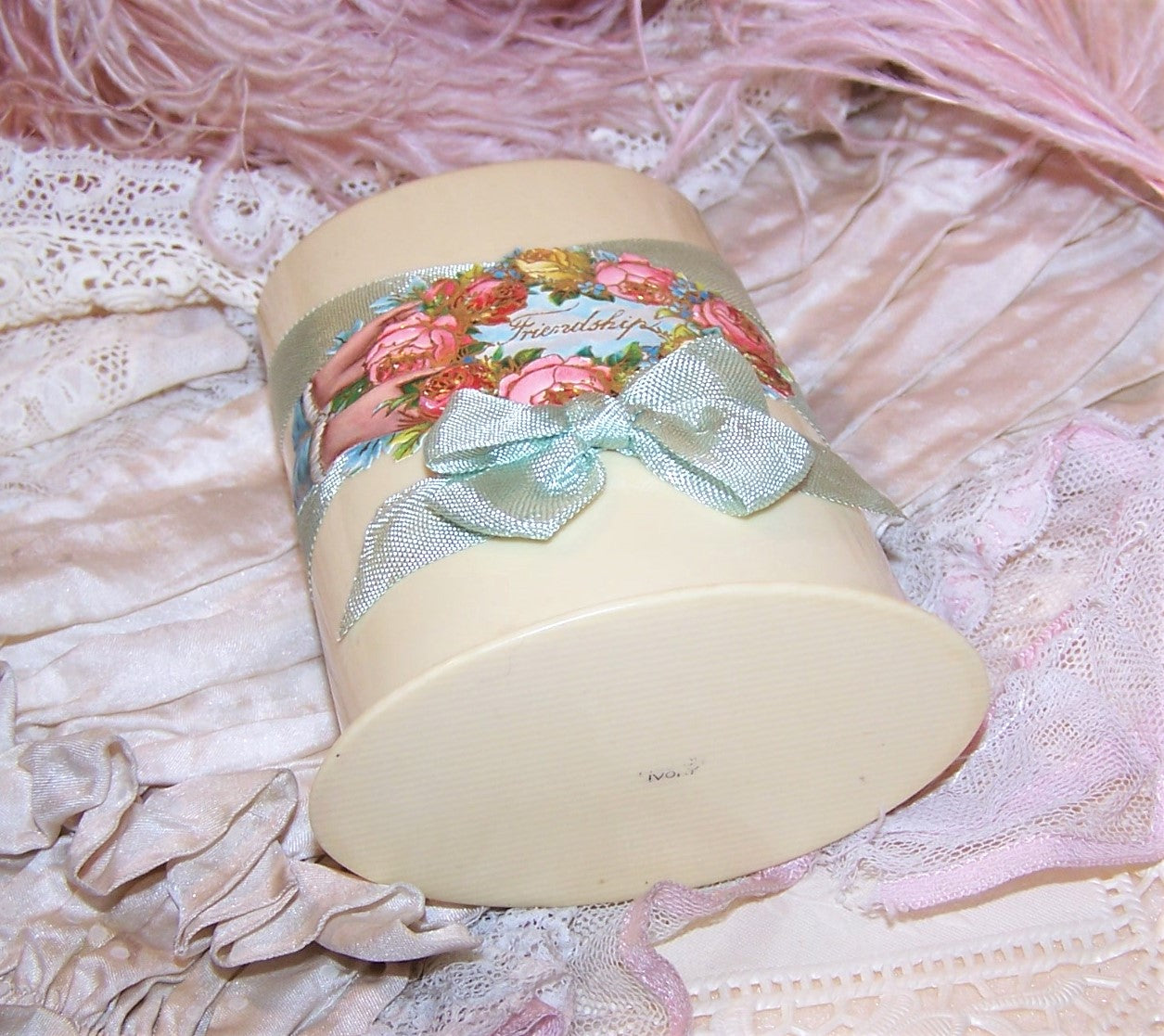 Repurposed Art Deco Celluloid Holder or Vase - Pink & Yellow Roses