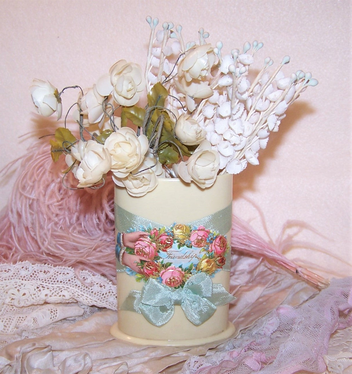 Repurposed Art Deco Celluloid Holder or Vase - Pink & Yellow Roses
