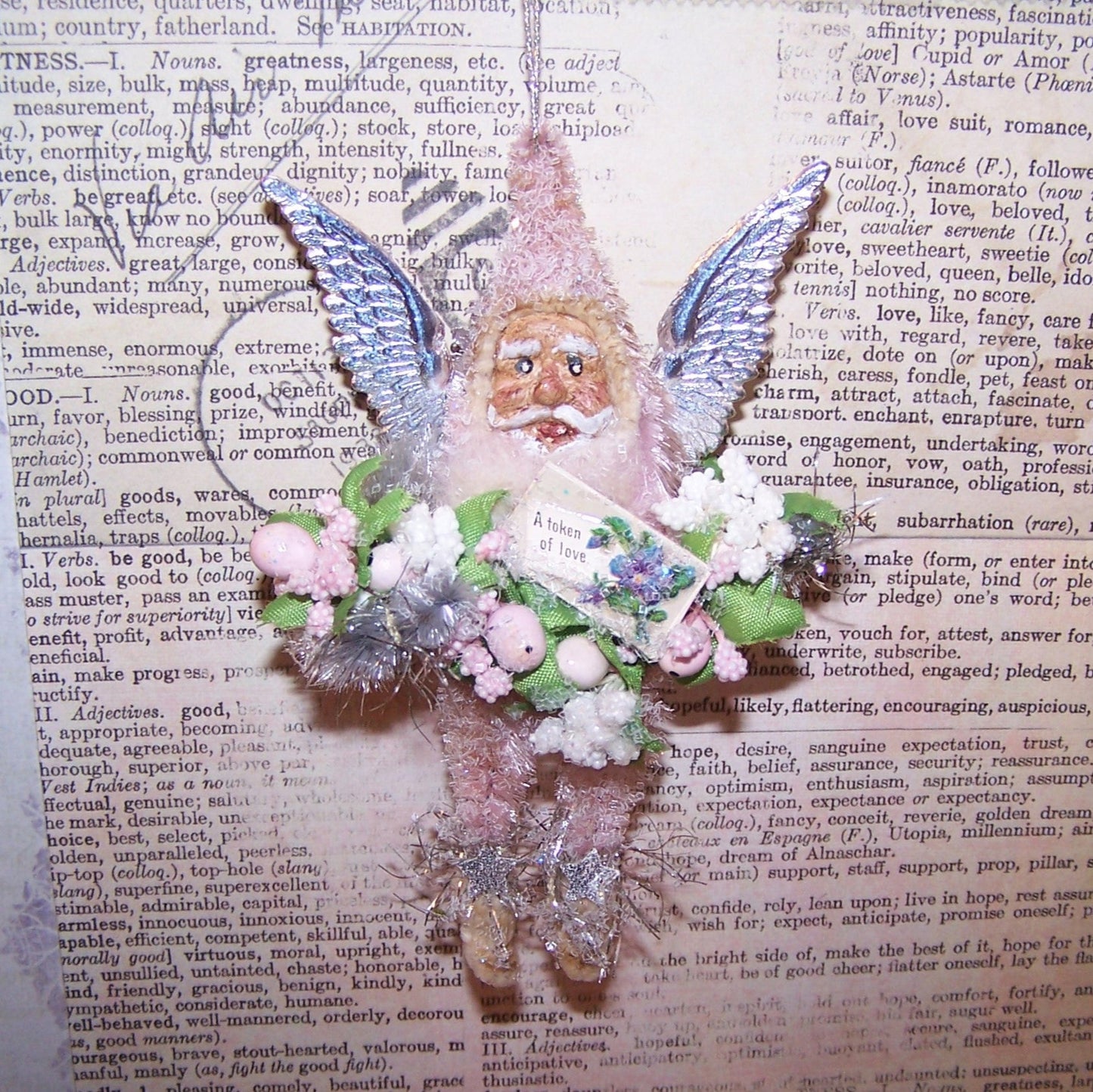 Chenille Santa Claus Christmas Ornament | Pink & Silver Fairie Pixie Design