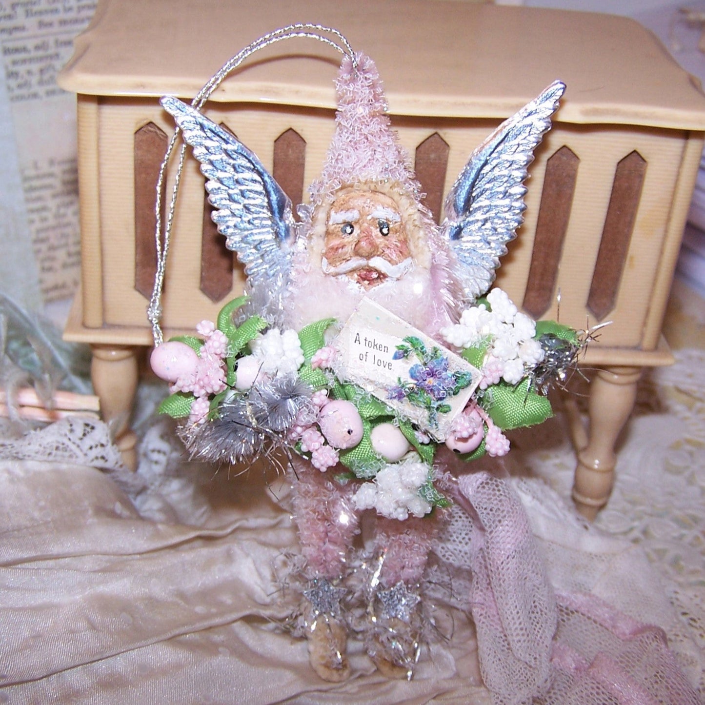 Chenille Santa Claus Christmas Ornament | Pink & Silver Fairie Pixie Design