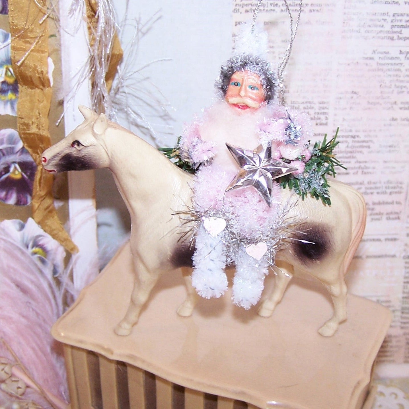 Pink Chenille Christmas Ornament - Santa Claus on Art Deco Celluloid Horse