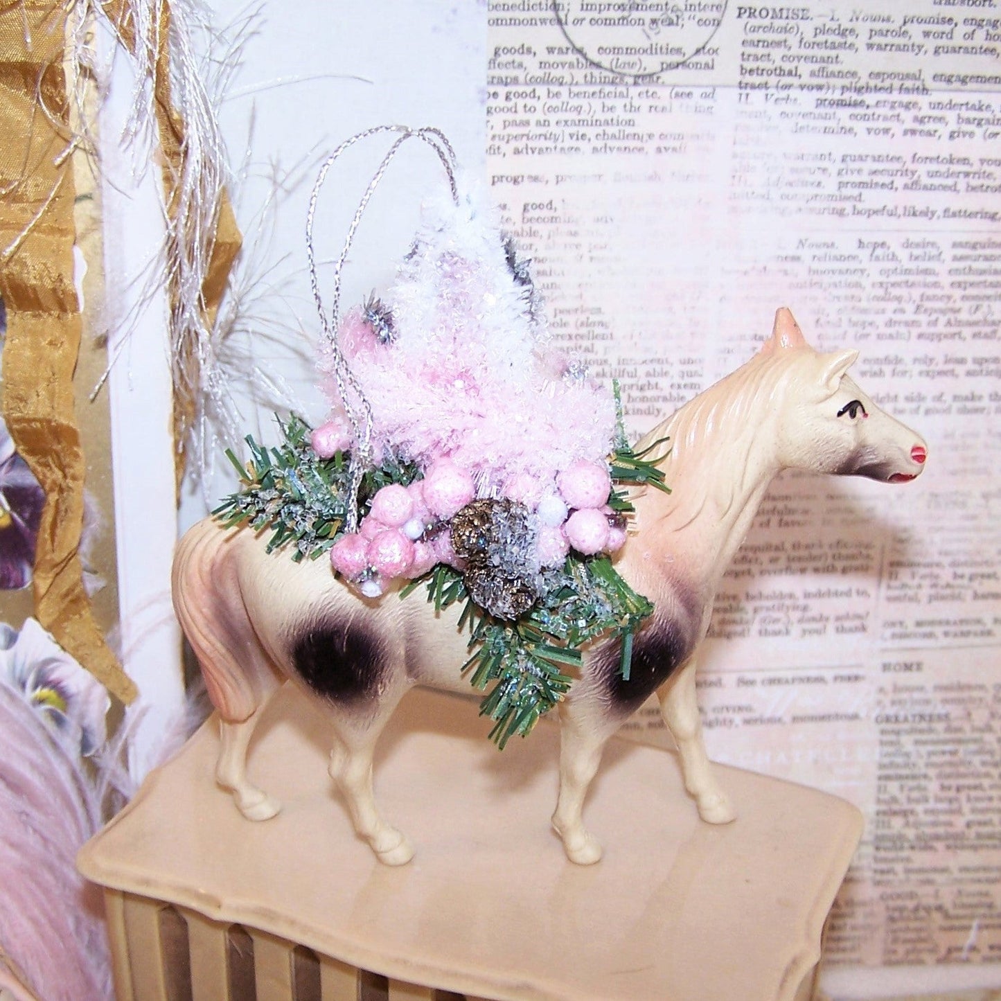 Pink Chenille Christmas Ornament - Santa Claus on Art Deco Celluloid Horse