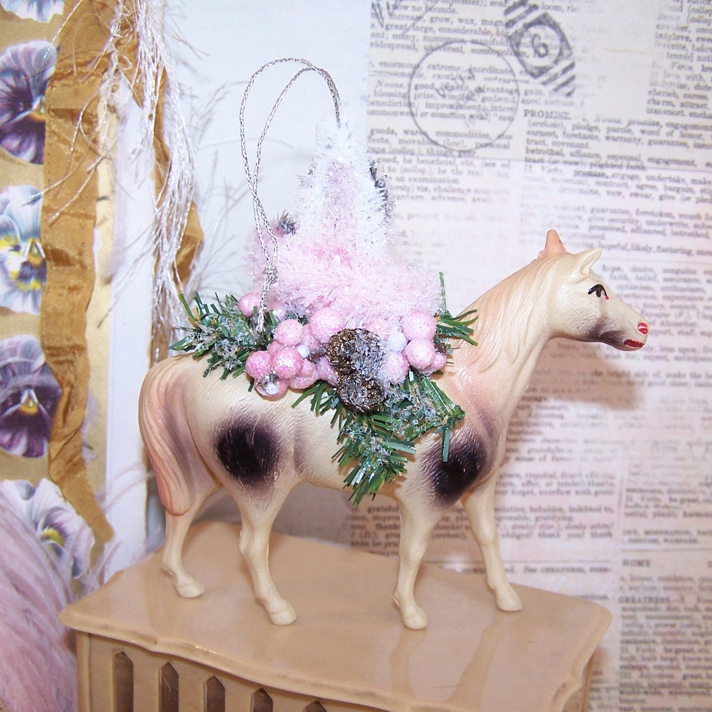 Pink Chenille Christmas Ornament - Santa Claus on Art Deco Celluloid Horse