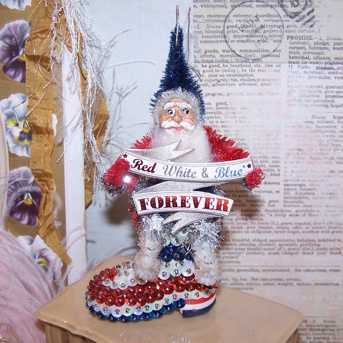OOAK Chenille Christmas Ornament | Red White Blue Forever Santa Claus