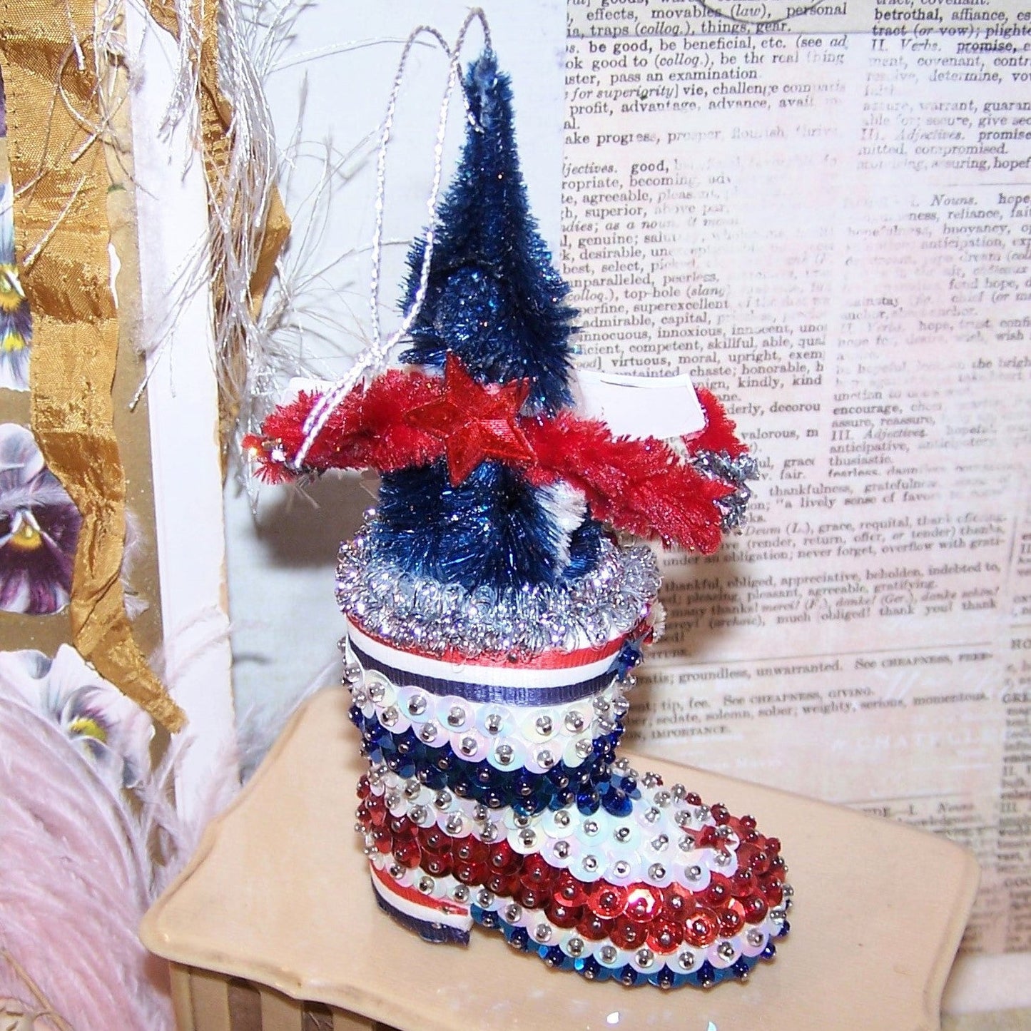 OOAK Chenille Christmas Ornament | Red White Blue Forever Santa Claus