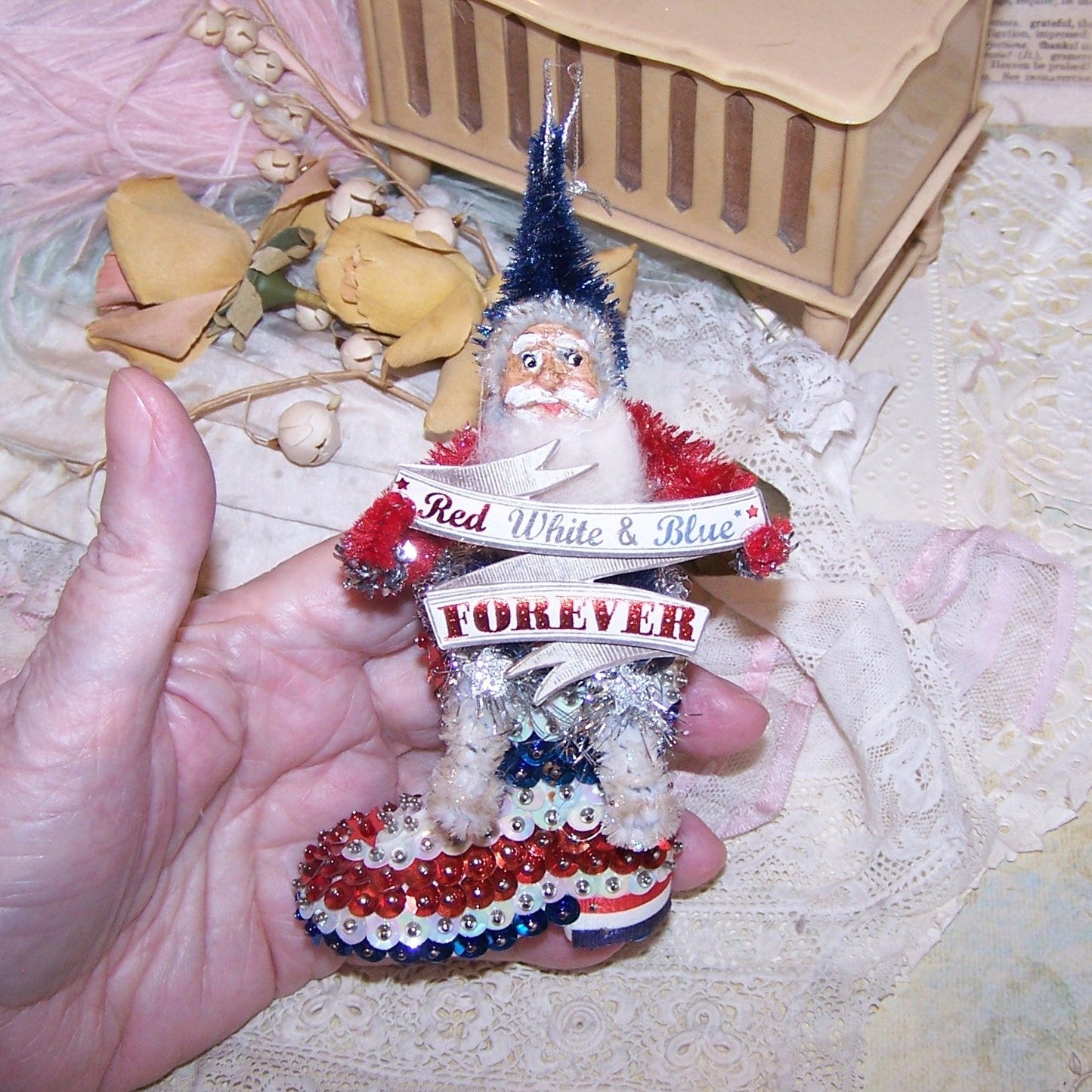 OOAK Chenille Christmas Ornament | Red White Blue Forever Santa Claus