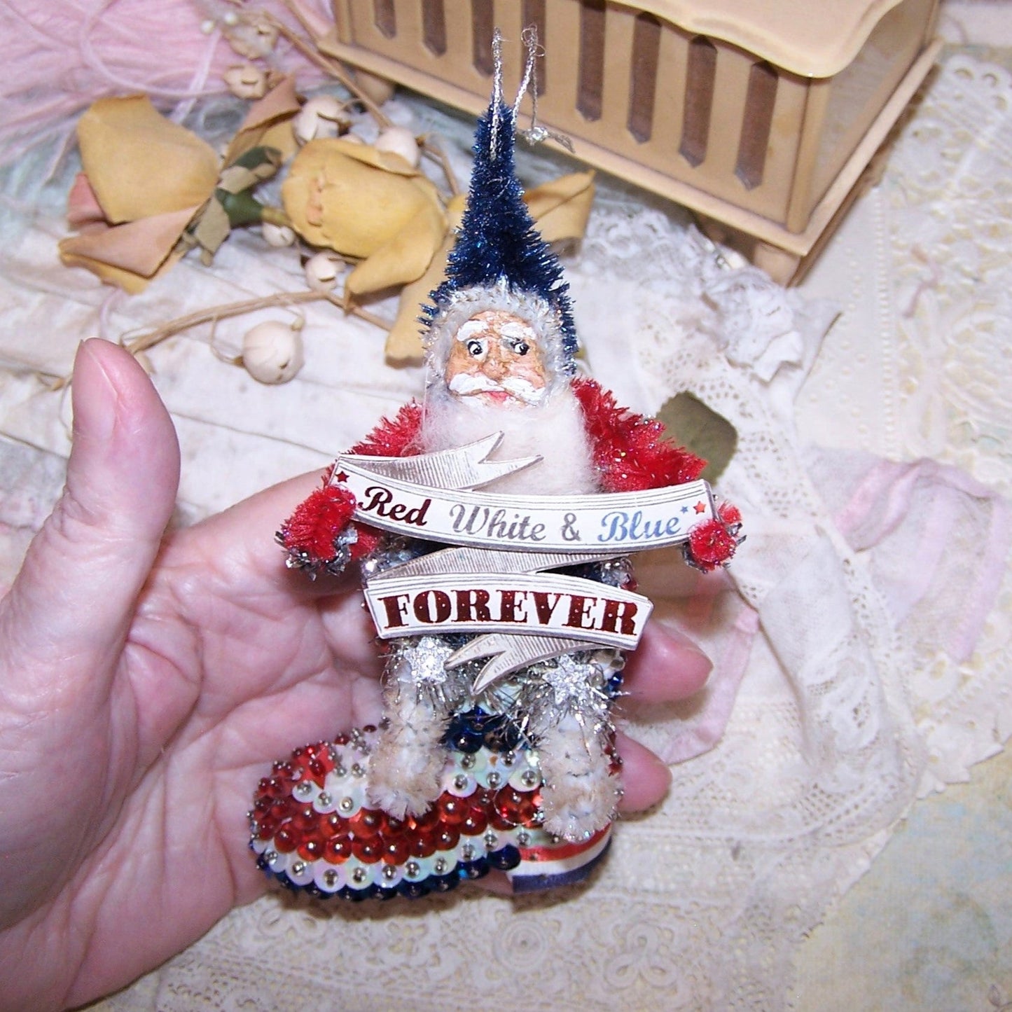 OOAK Chenille Christmas Ornament | Red White Blue Forever Santa Claus