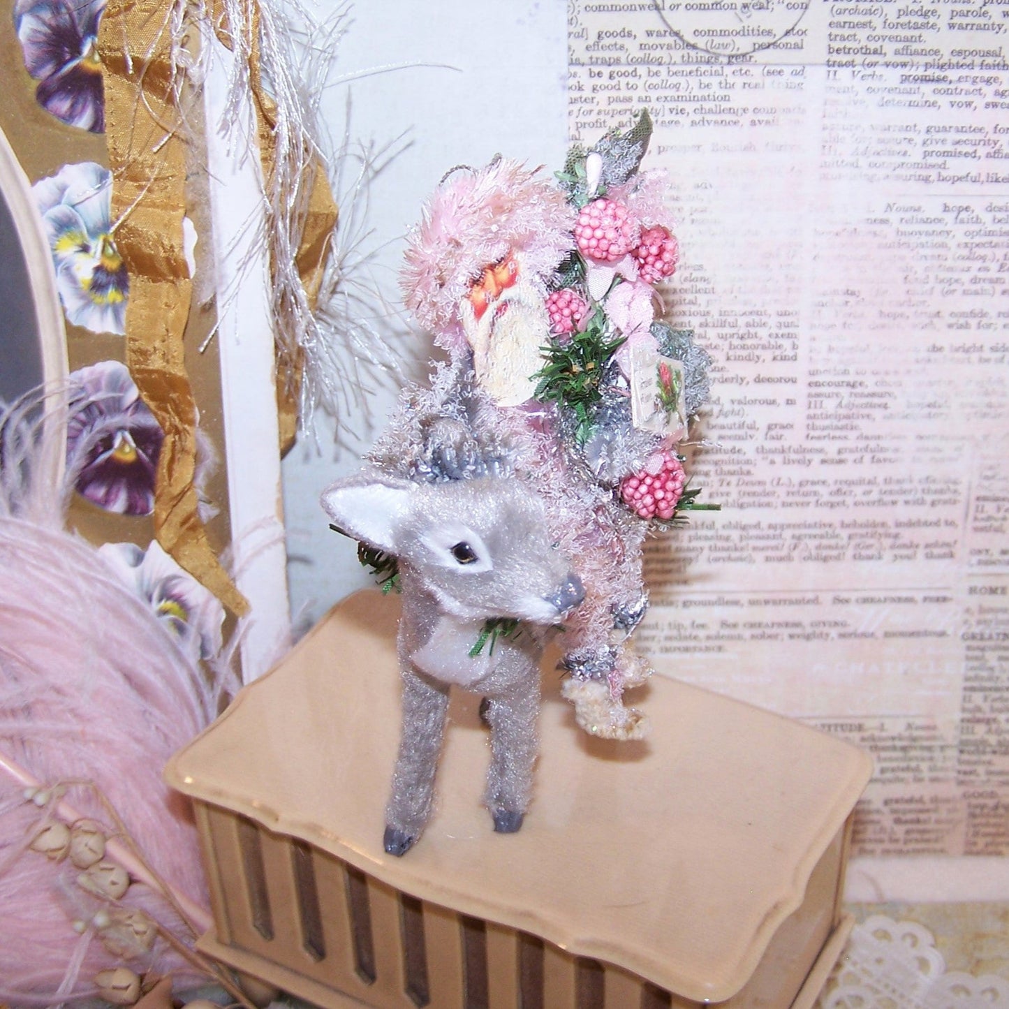 Glittered Pink Chenille Santa Claus Christmas Ornament - Lovely Grey Fawn