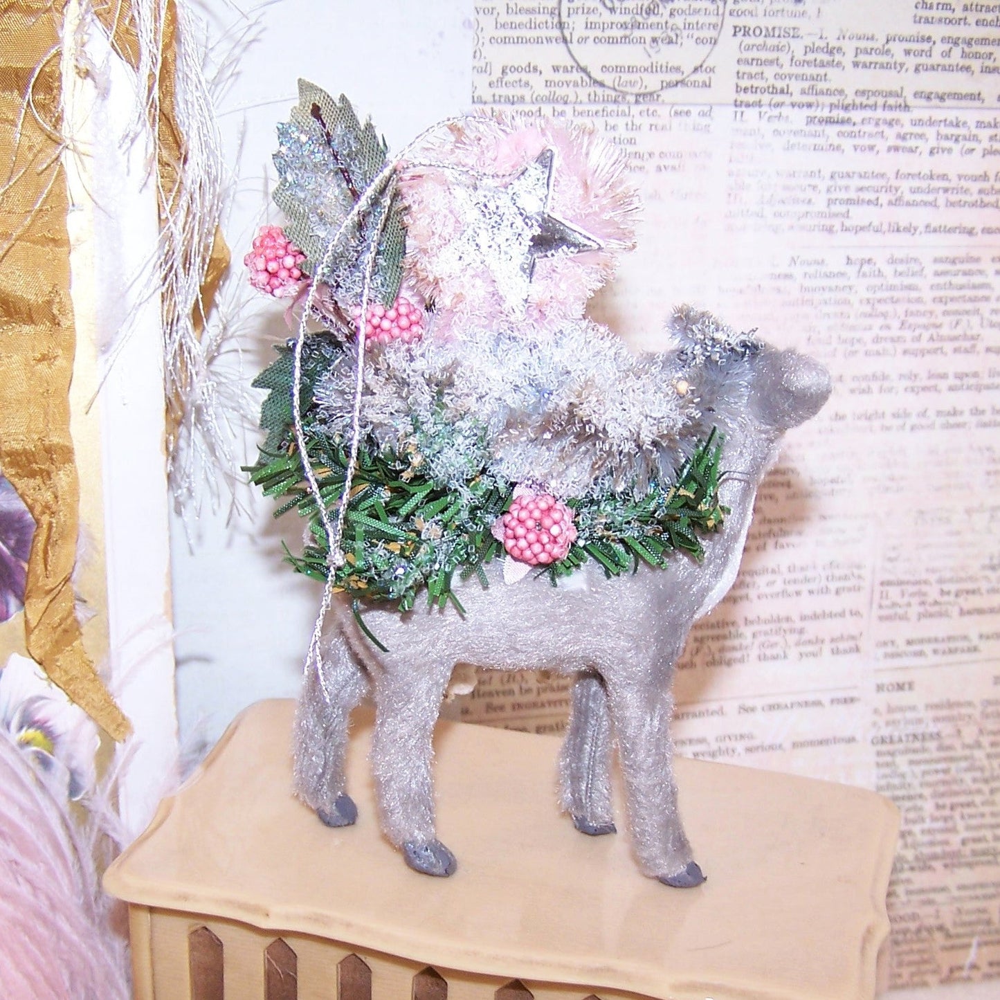 Glittered Pink Chenille Santa Claus Christmas Ornament - Lovely Grey Fawn