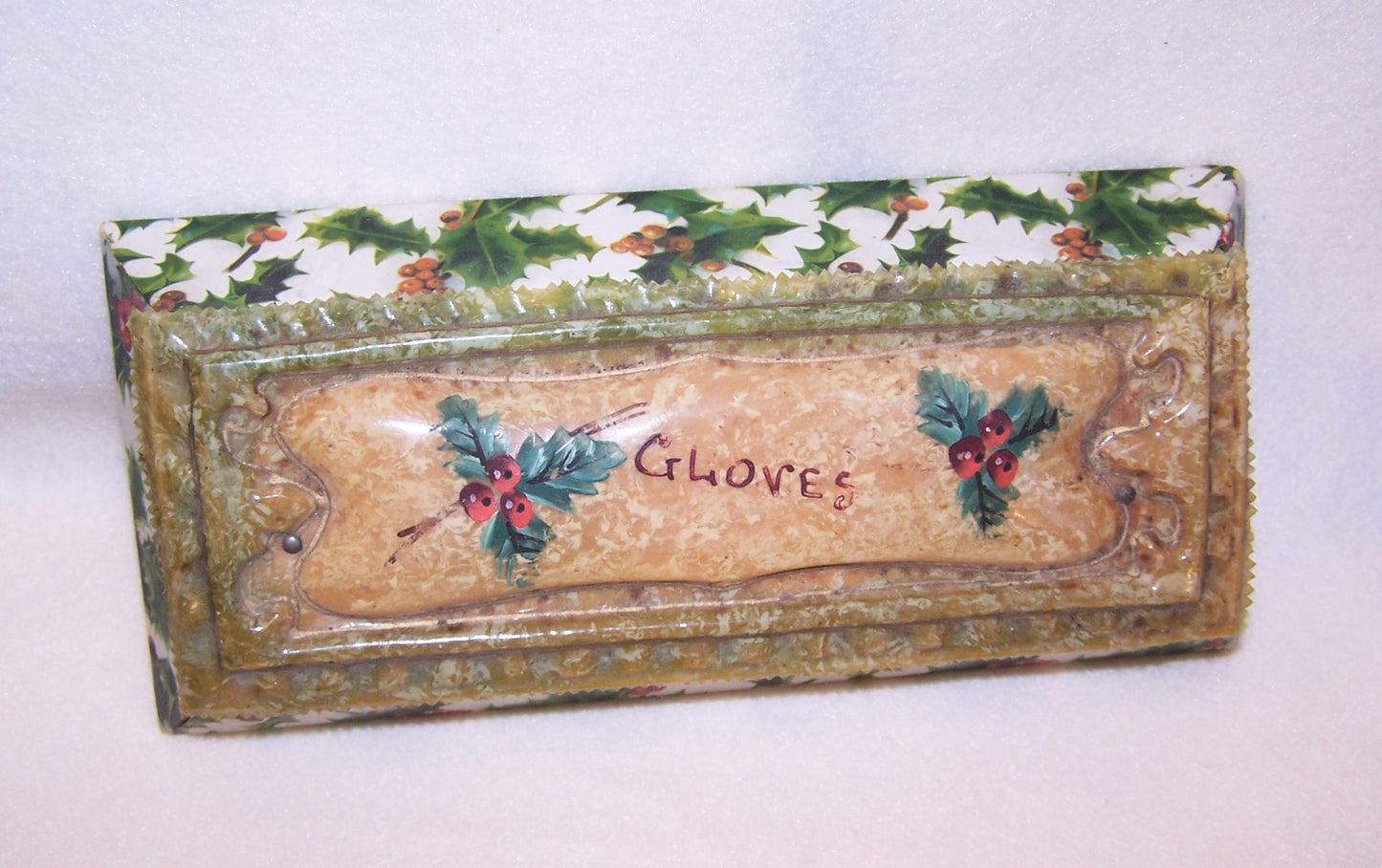 Art Nouveau Celluloid Christmas Gift Box for Gloves - Holly & Berries