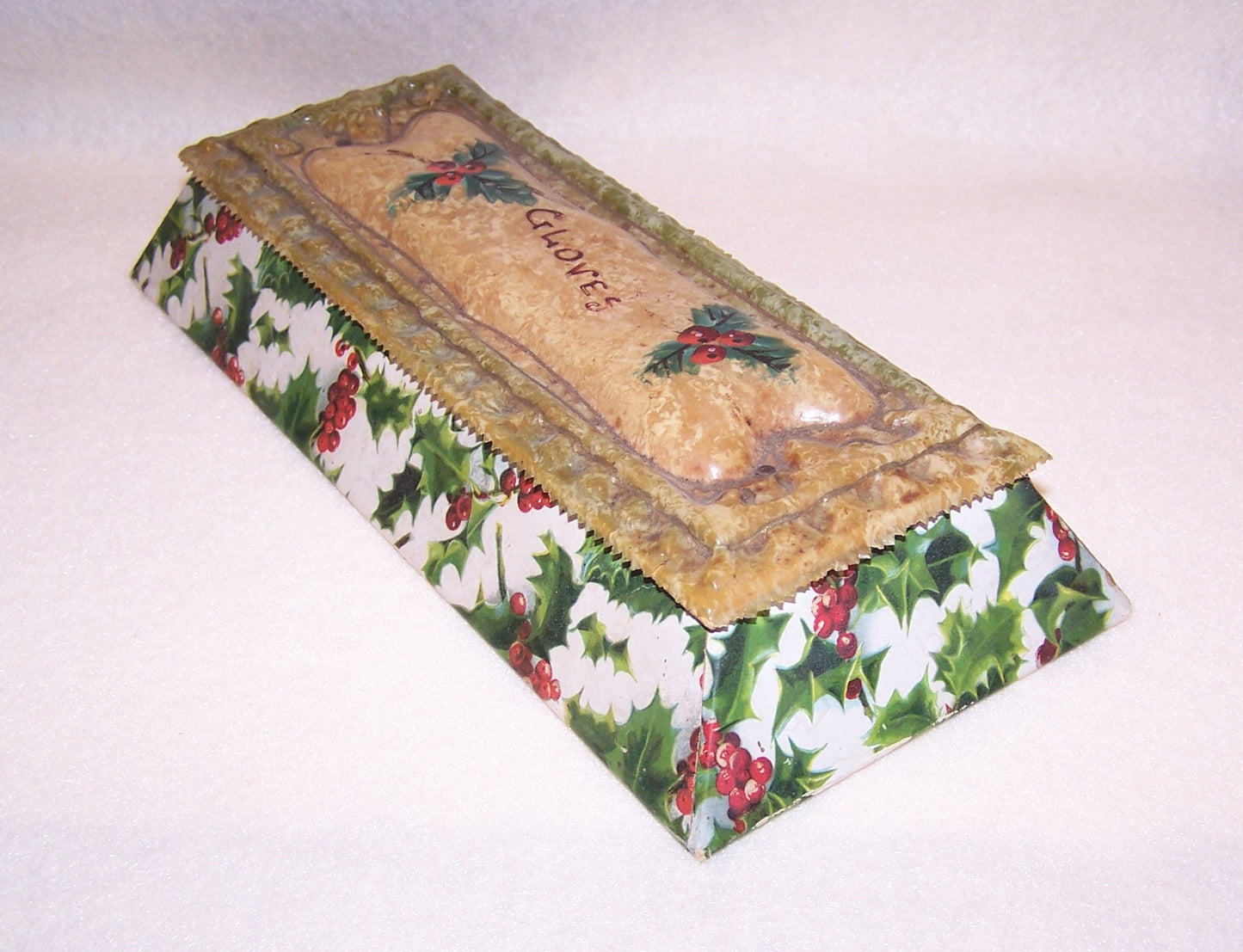 Art Nouveau Celluloid Christmas Gift Box for Gloves - Holly & Berries