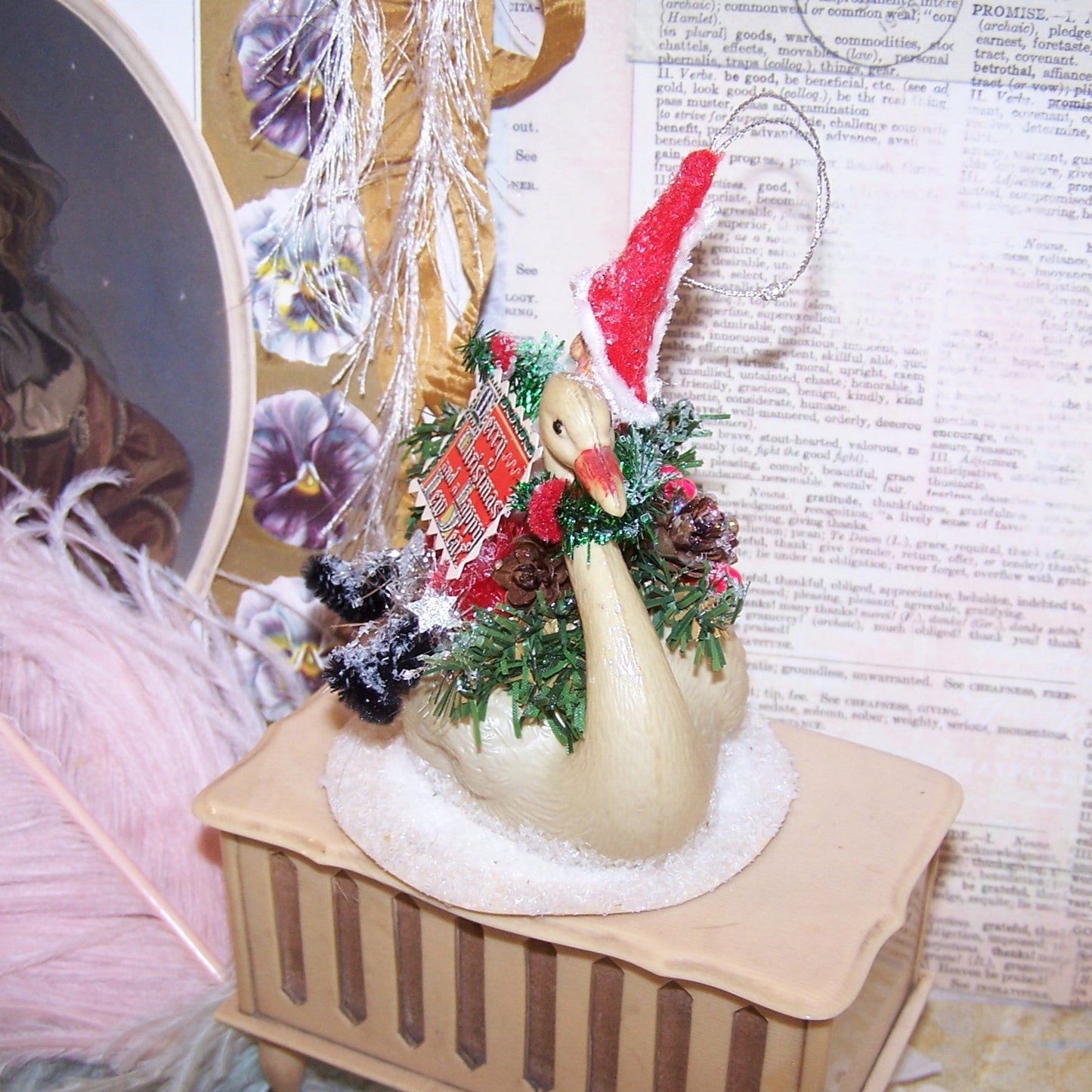 Chenille Christmas Ornament - Santa Claus Riding a Celluloid Swan