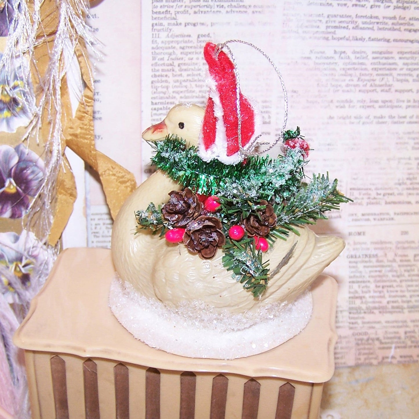 Chenille Christmas Ornament - Santa Claus Riding a Celluloid Swan