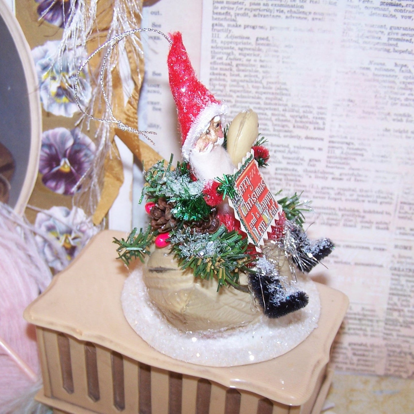 Chenille Christmas Ornament - Santa Claus Riding a Celluloid Swan