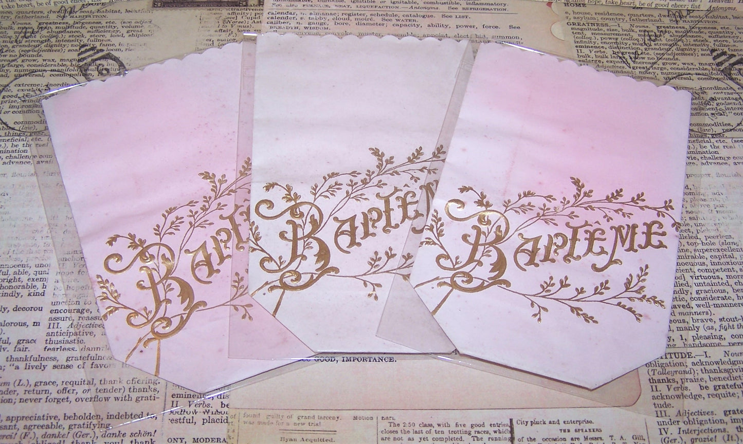 Trio Antique French Gold / Pink Paper Candy Bags for a Baptism