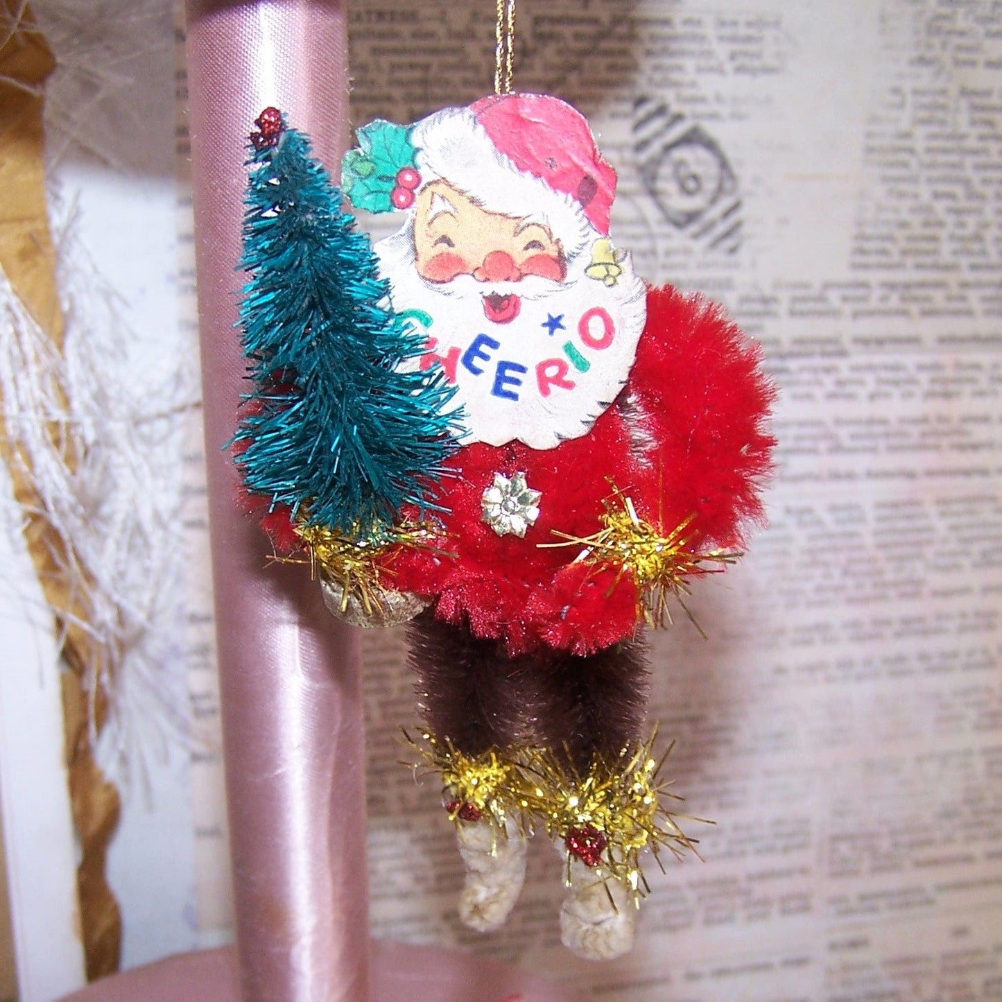 Chenille Christmas Ornament - CHEERIO! Santa Claus Carrying Christmas Tree
