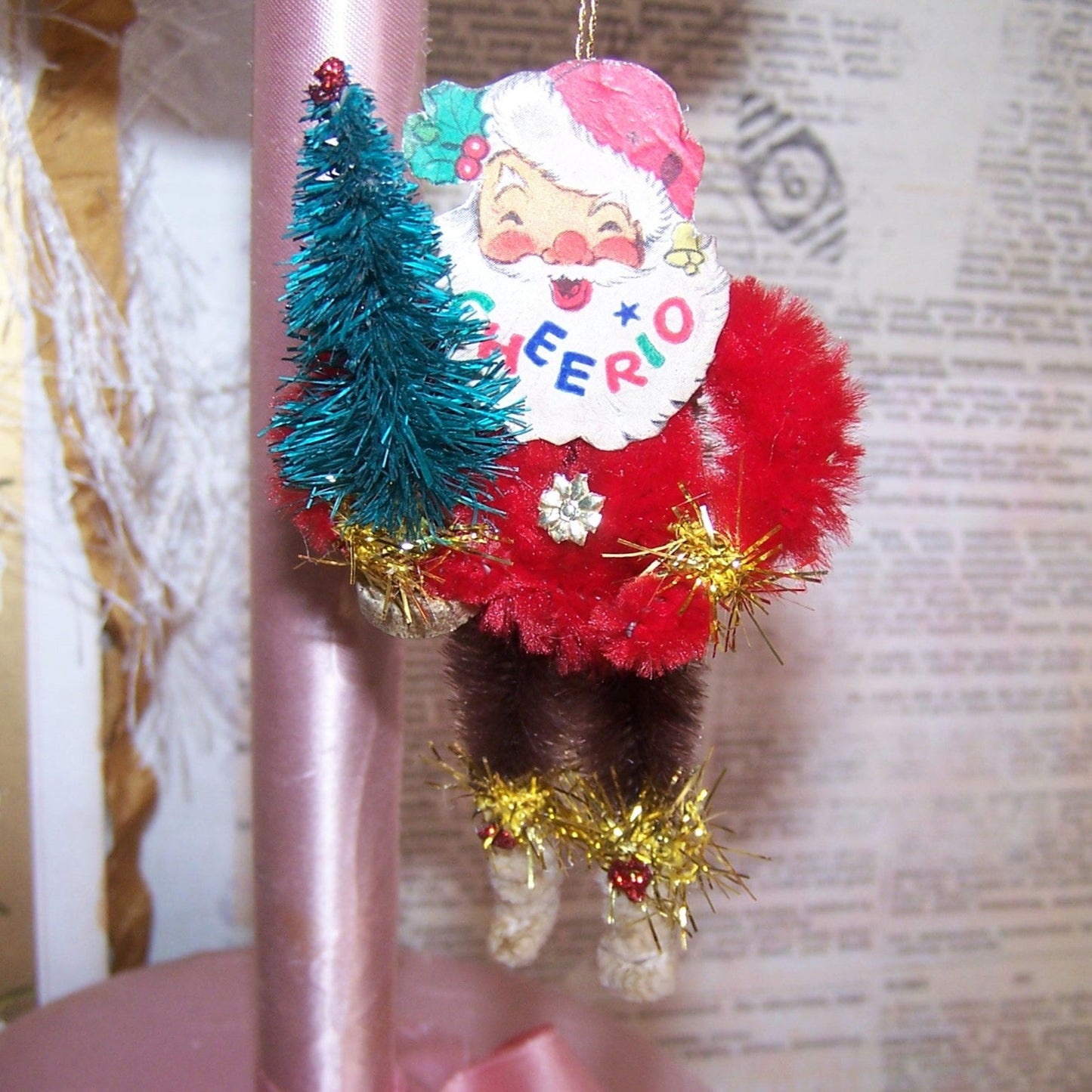 Chenille Christmas Ornament - CHEERIO! Santa Claus Carrying Christmas Tree