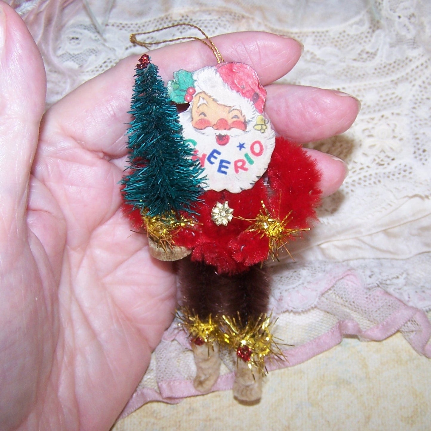 Chenille Christmas Ornament - CHEERIO! Santa Claus Carrying Christmas Tree