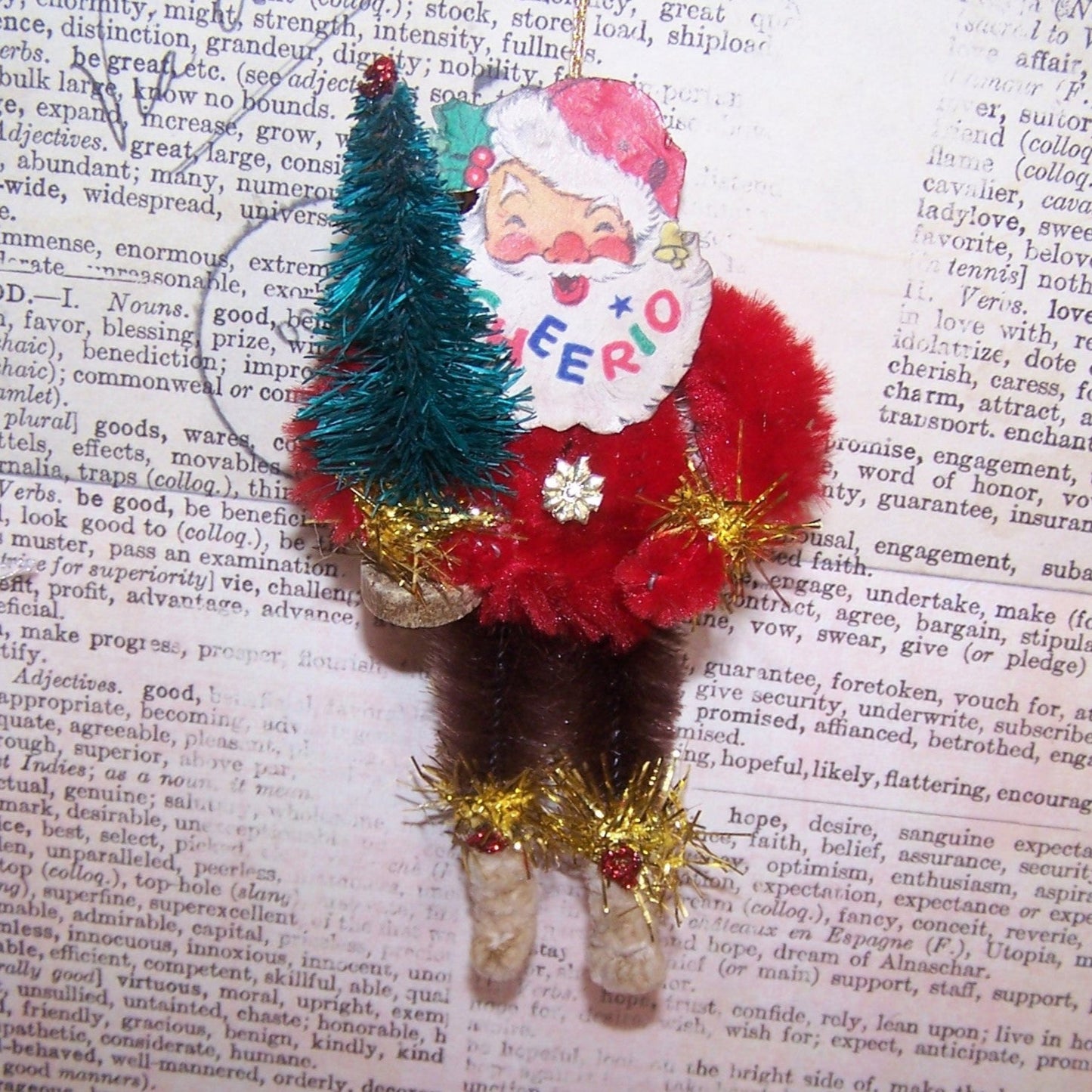 Chenille Christmas Ornament - CHEERIO! Santa Claus Carrying Christmas Tree
