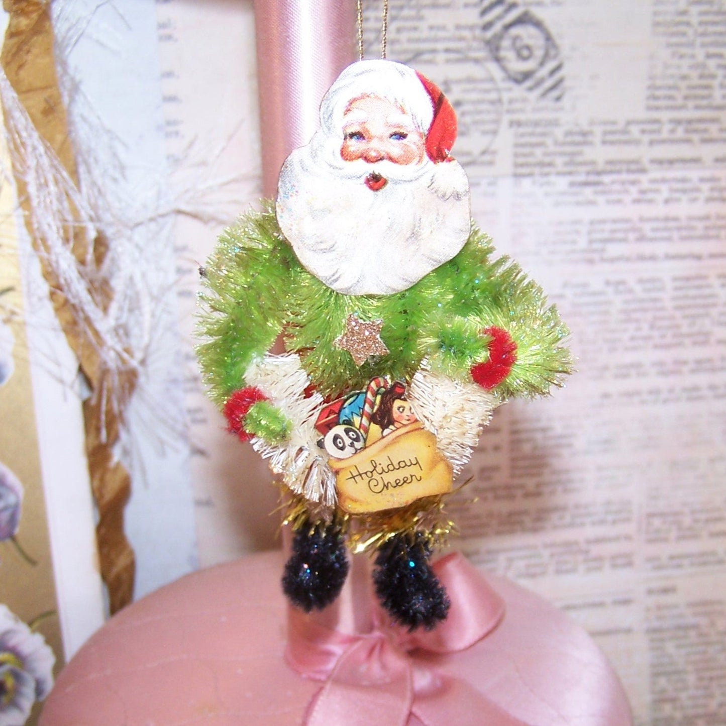Chenille Christmas Ornament - Santa Claus Carrying Christmas Wreath