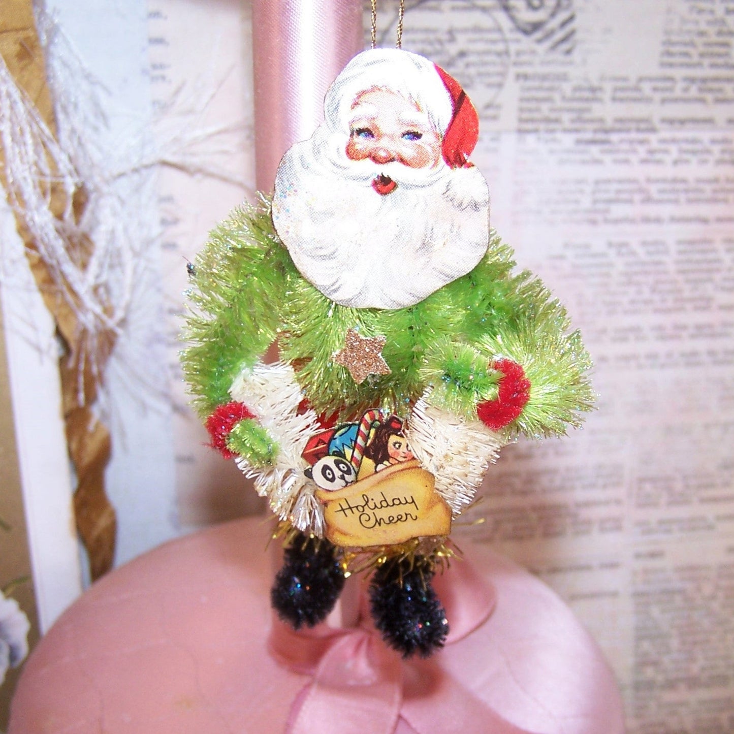 Chenille Christmas Ornament - Santa Claus Carrying Christmas Wreath