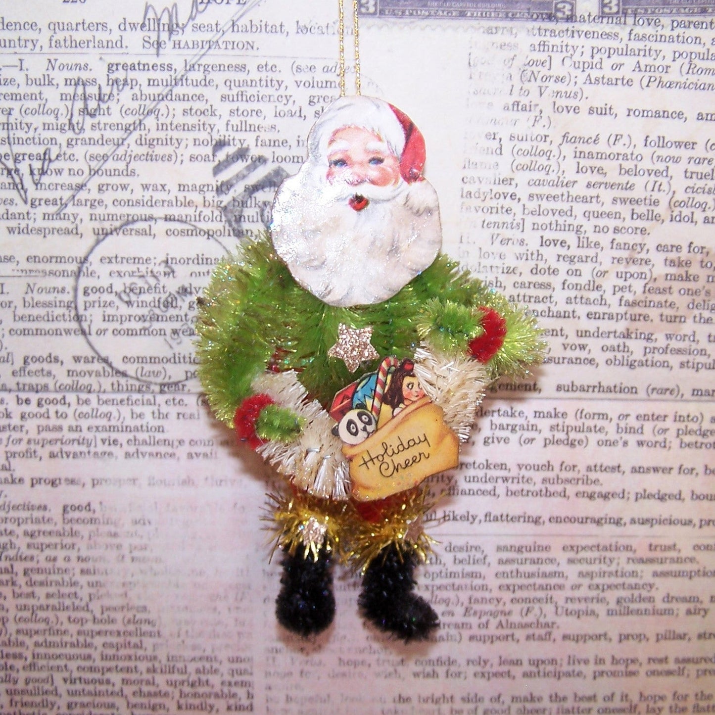 Chenille Christmas Ornament - Santa Claus Carrying Christmas Wreath