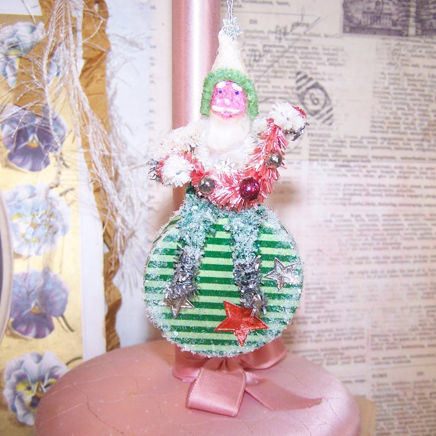 Chenille Christmas Ornament - Japan Clay Face Santa Claus Carrying Garland