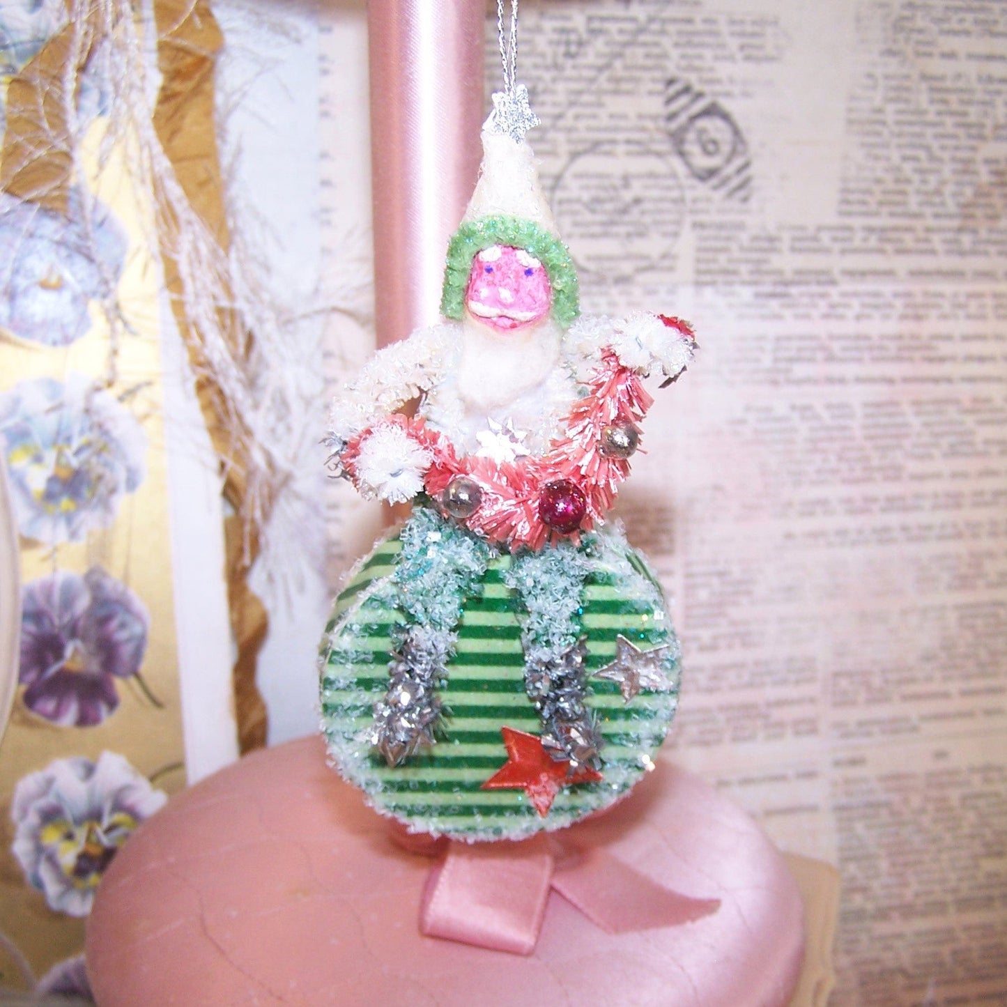 Chenille Christmas Ornament - Japan Clay Face Santa Claus Carrying Garland