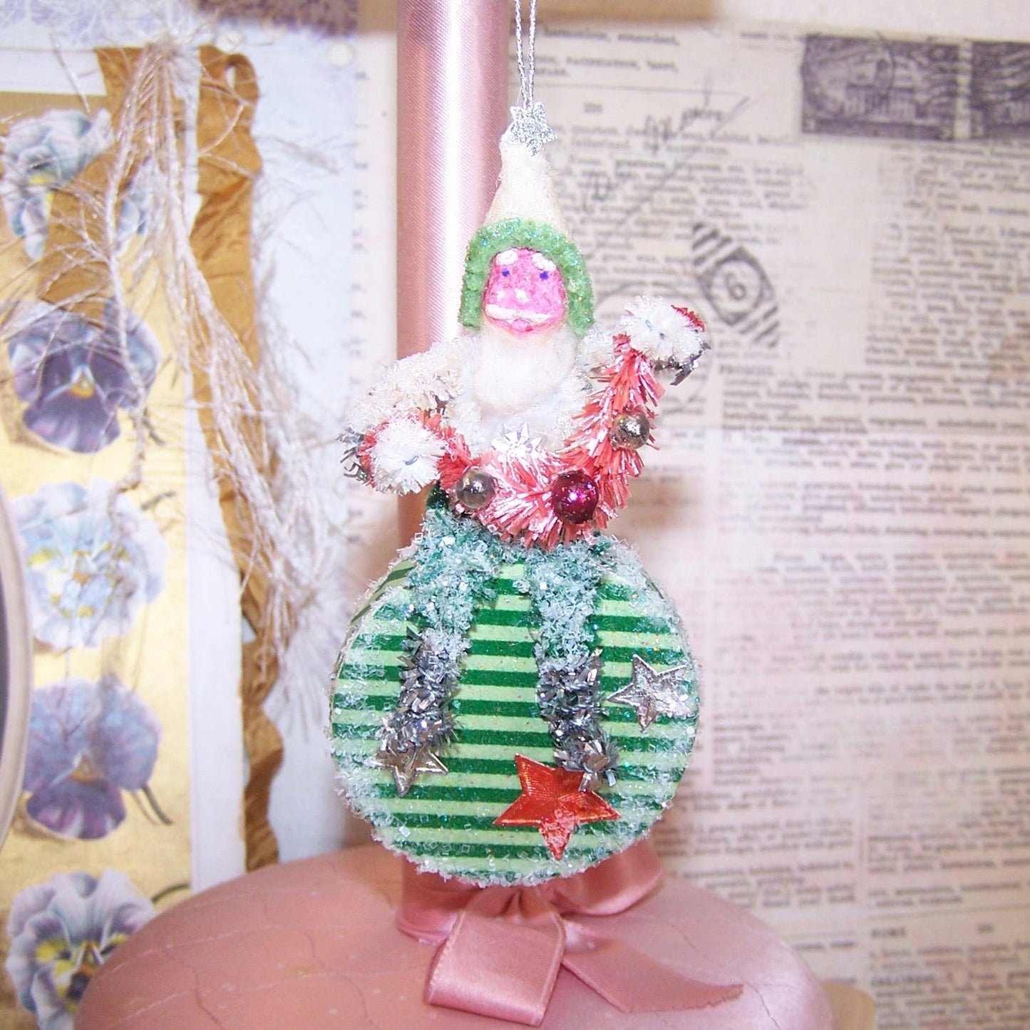Chenille Christmas Ornament - Japan Clay Face Santa Claus Carrying Garland