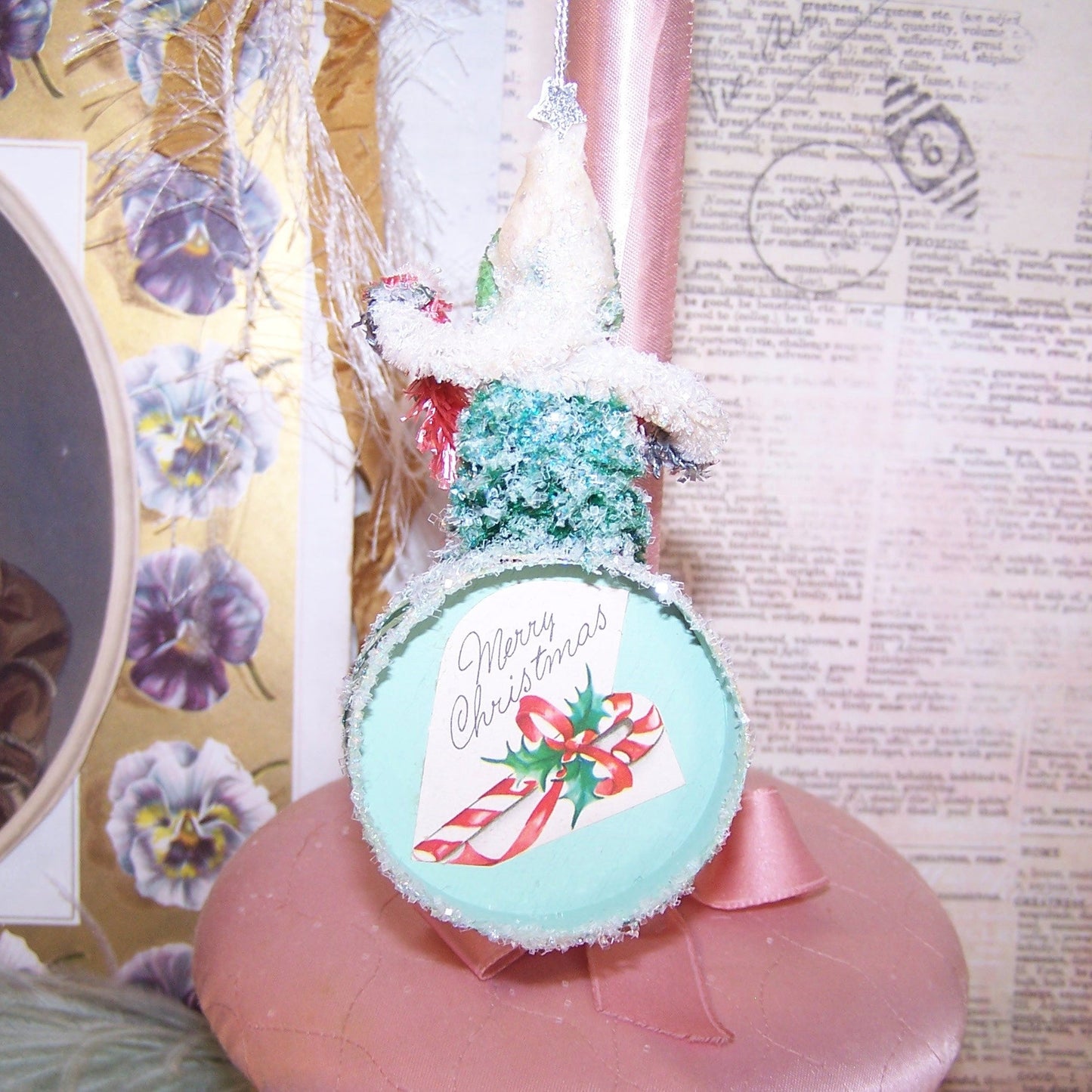 Chenille Christmas Ornament - Japan Clay Face Santa Claus Carrying Garland