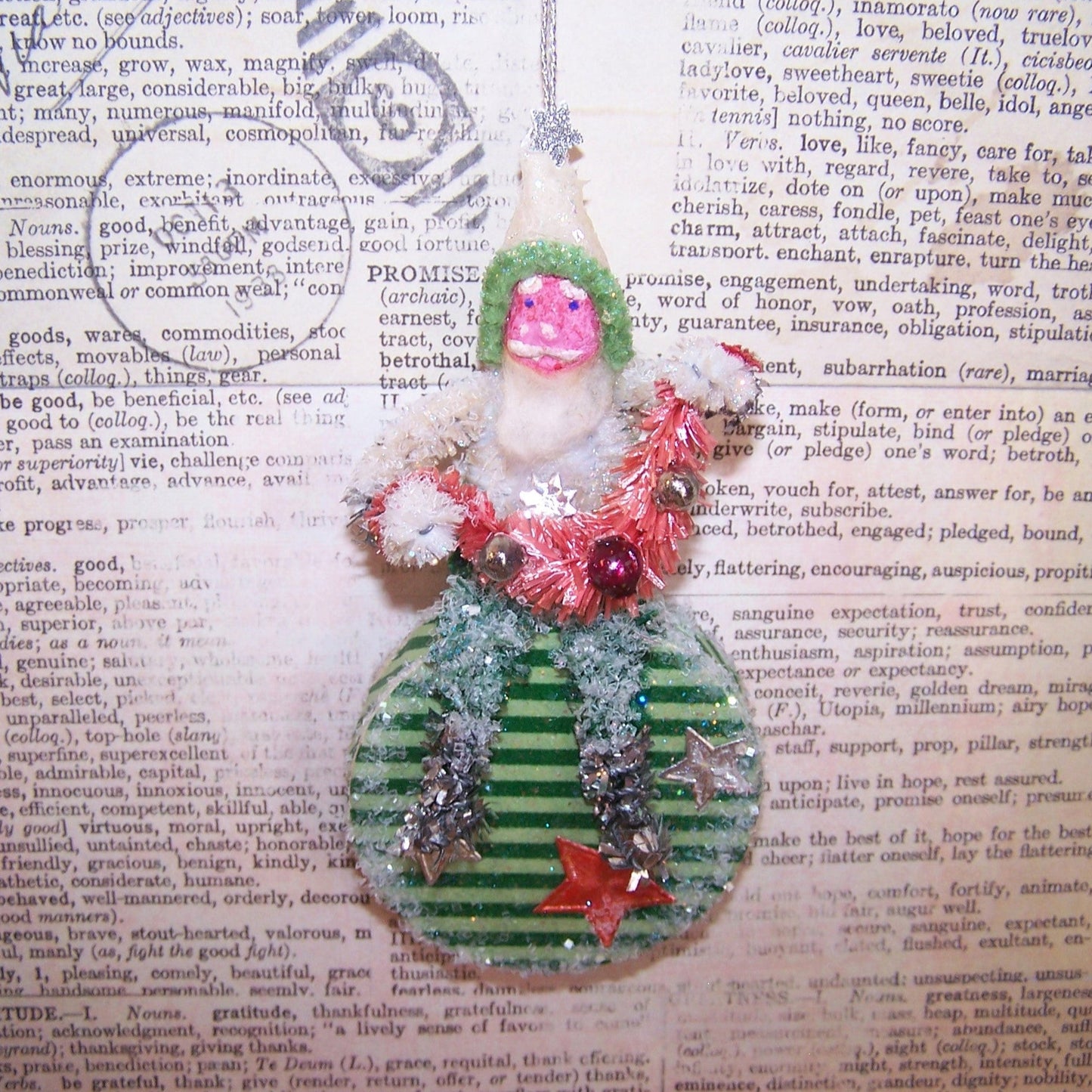 Chenille Christmas Ornament - Japan Clay Face Santa Claus Carrying Garland