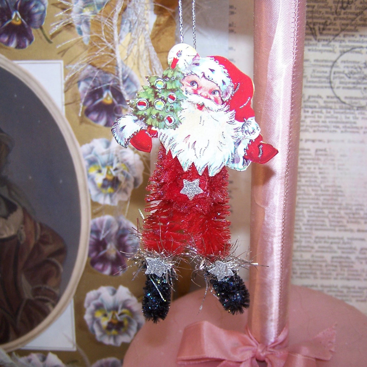 Mixed Media Christmas Ornament - Santa Claus Carrying Christmas Tree