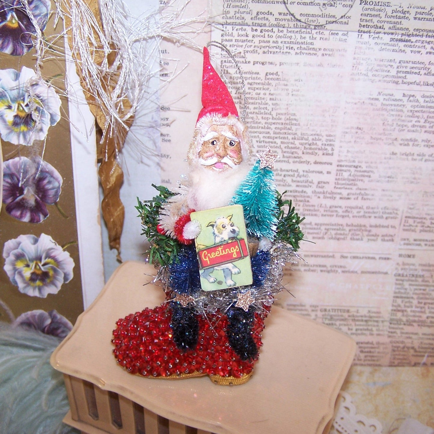 OOAK Mixed Media Christmas Ornament | RW&B Santa Claus - GREETINGS