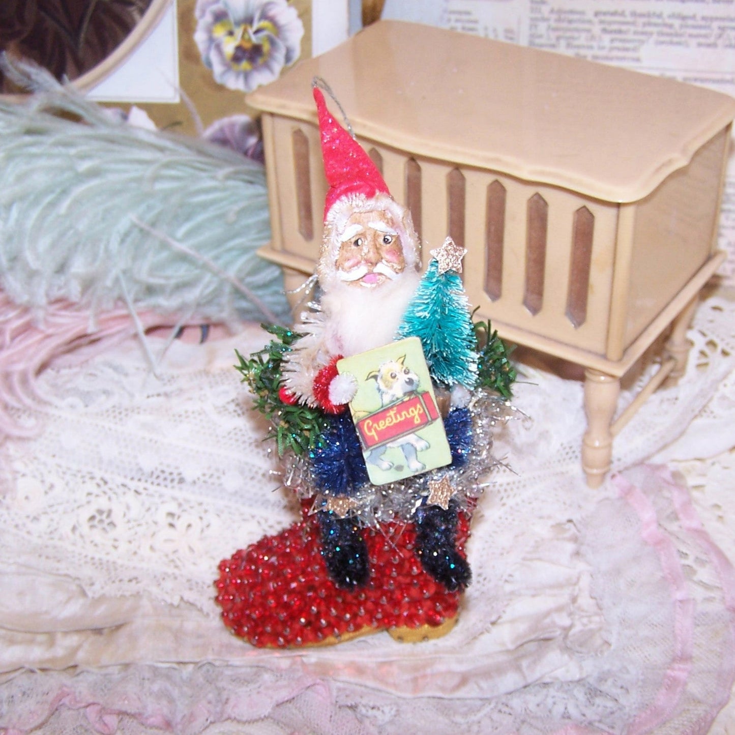 OOAK Mixed Media Christmas Ornament | RW&B Santa Claus - GREETINGS