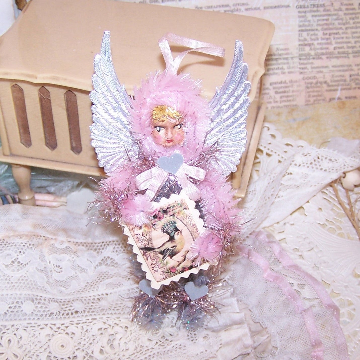 Chenille Christmas Ornament - Pink and Silver Angel Carrying Placard