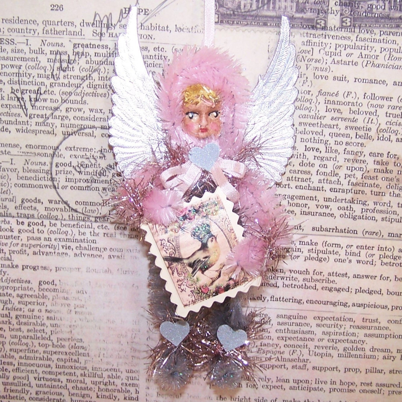 Chenille Christmas Ornament - Pink and Silver Angel Carrying Placard