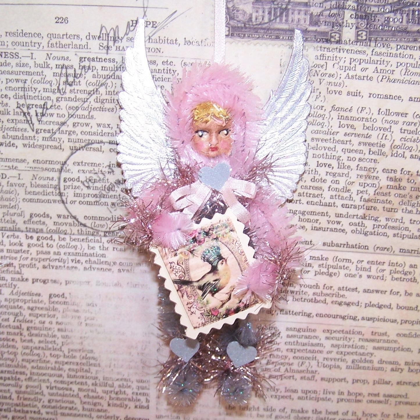 Chenille Christmas Ornament - Pink and Silver Angel Carrying Placard