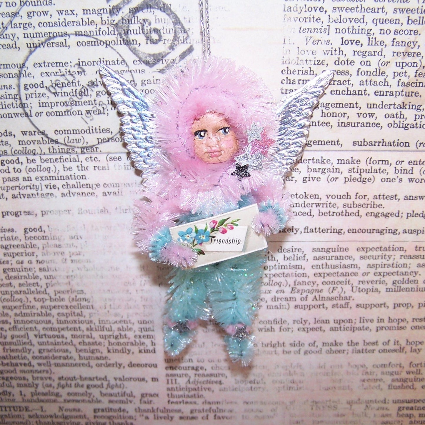 Chenille Christmas Ornament - Pink and Baby Blue Angel with FRIENDSHIP Sign