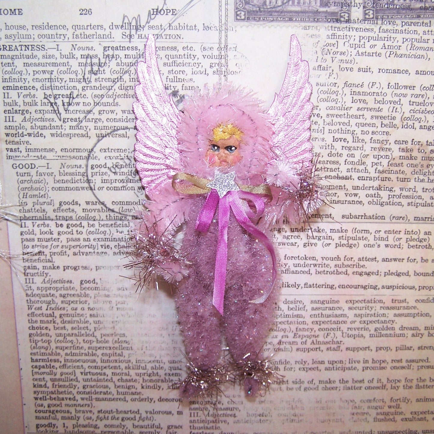 Chenille Christmas Ornament - Pink and Mauve Guardian Angel