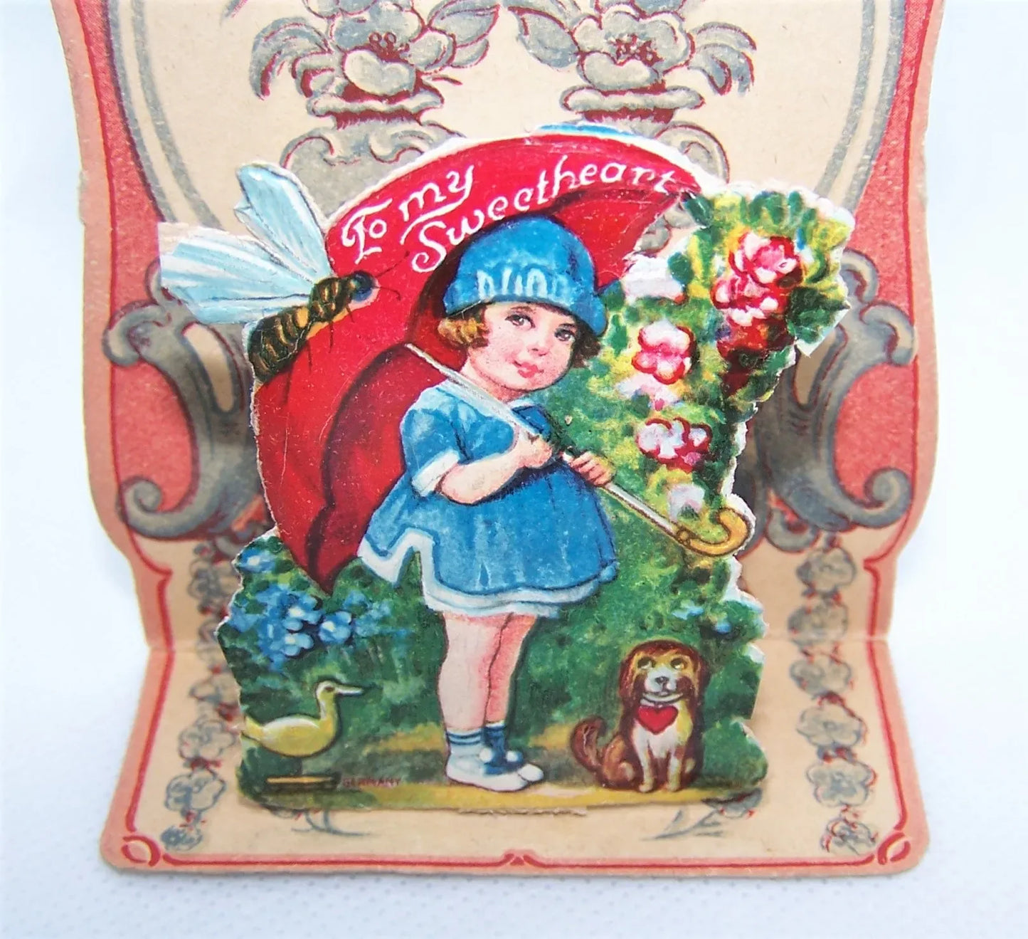 Antique Fold Down Valentines Day Card - Little Girl with Umbrella