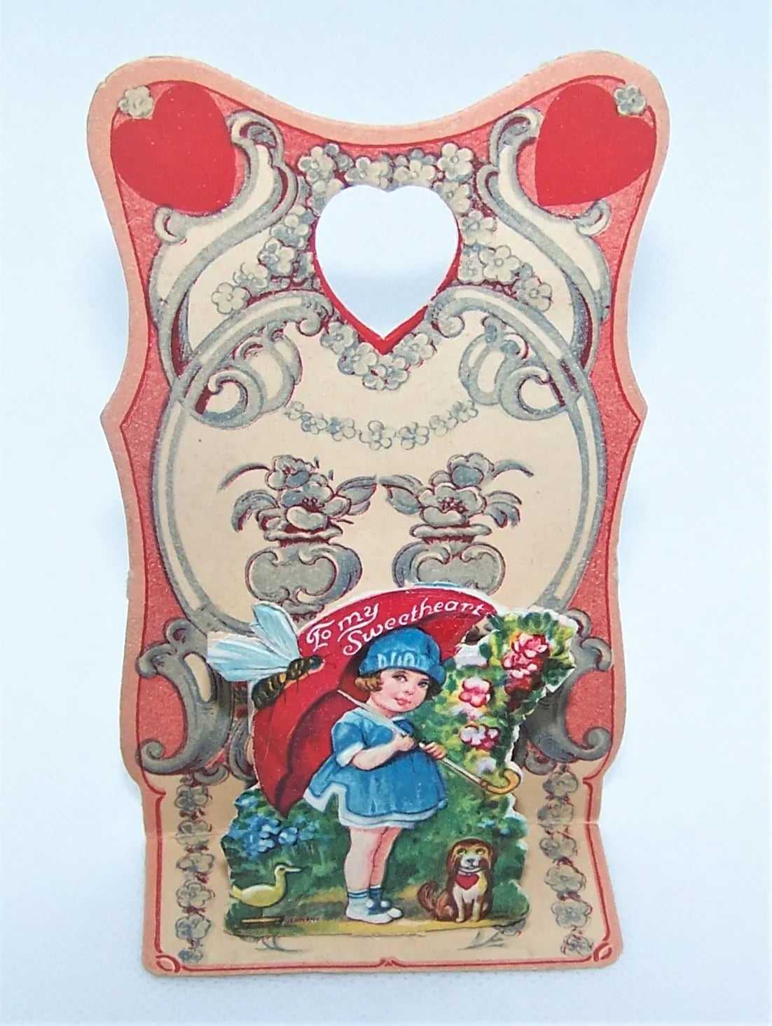 Antique Fold Down Valentines Day Card - Little Girl with Umbrella